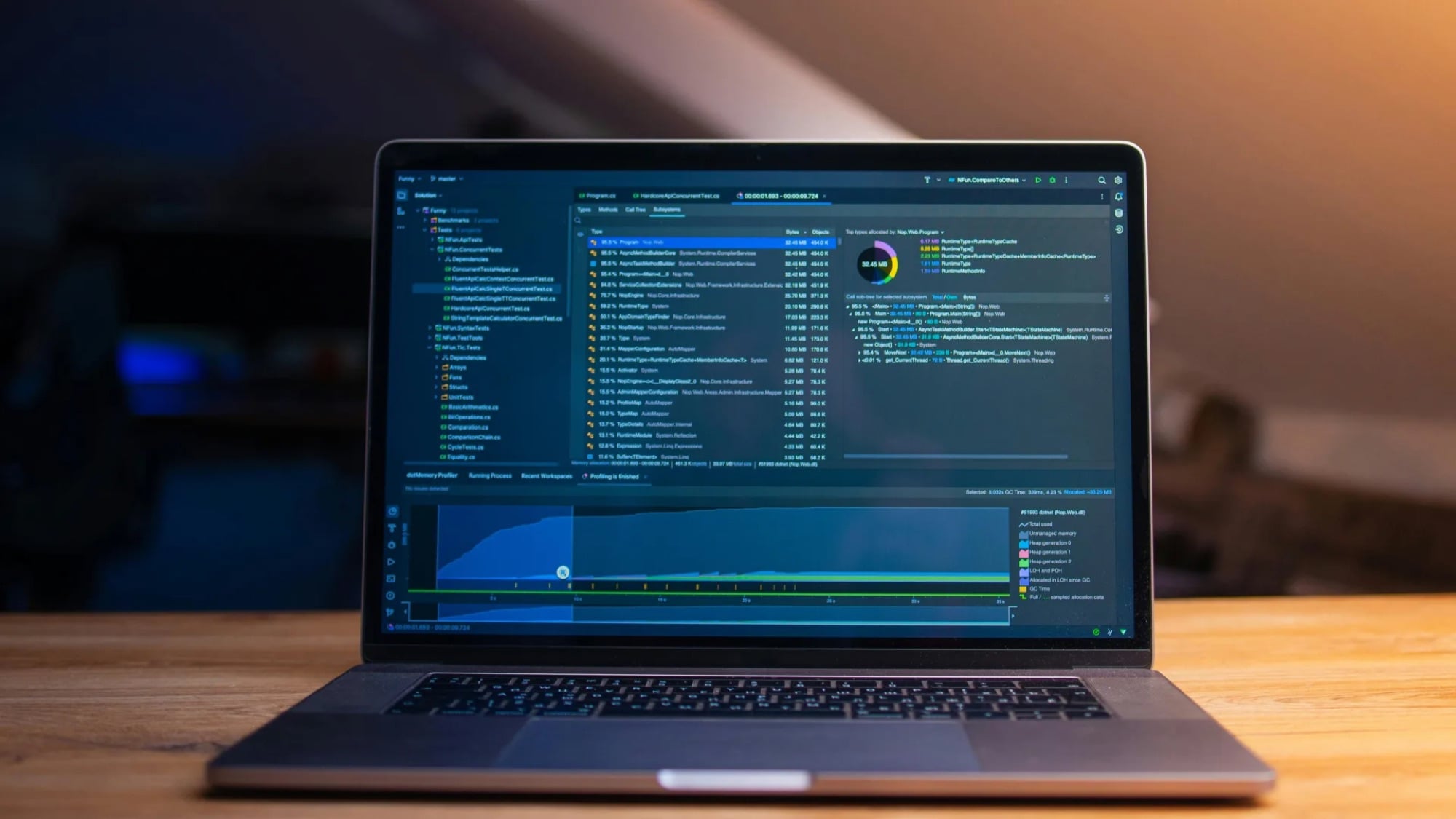 A laptop on a wooden desk showing a software dashboard