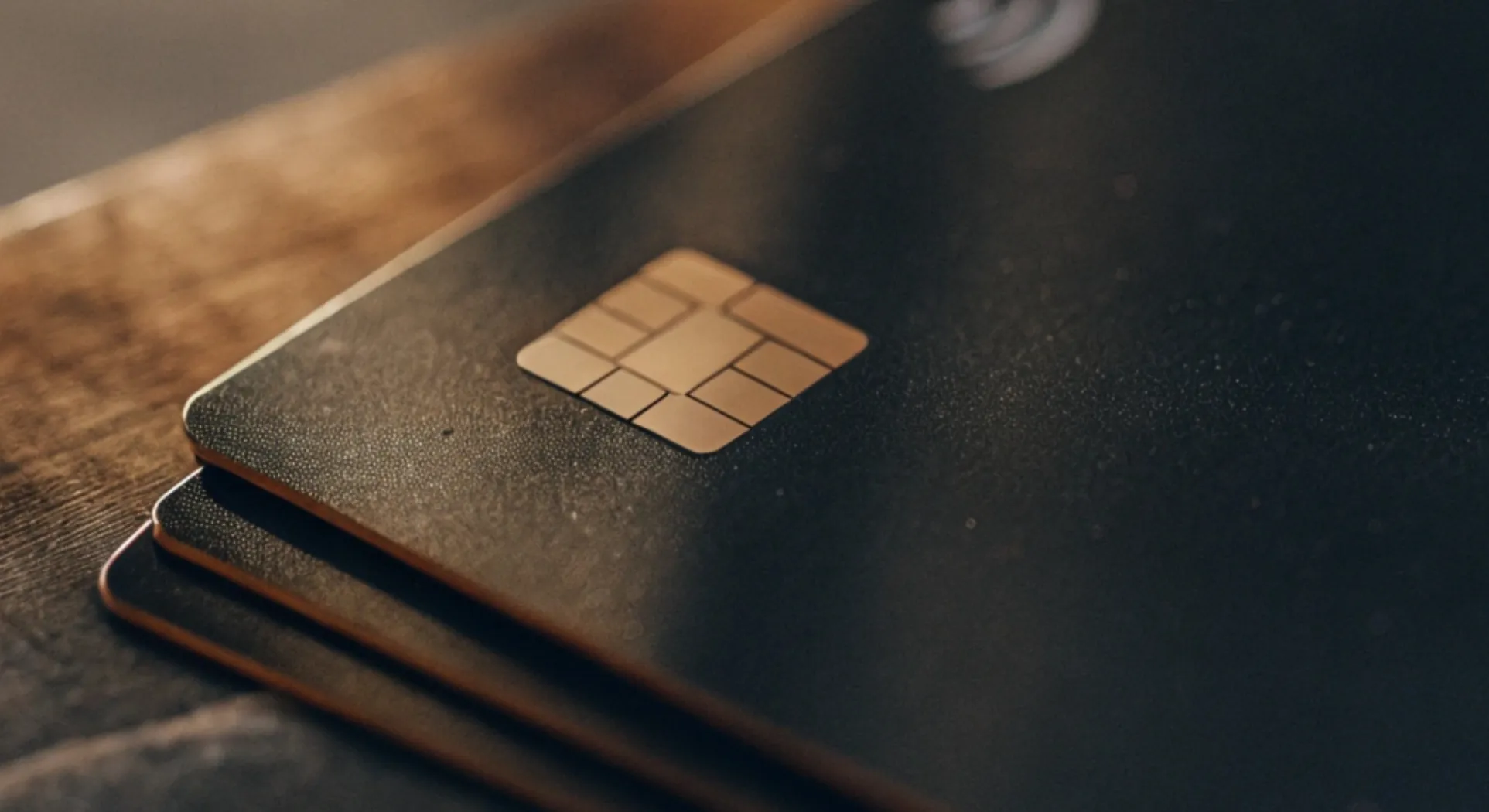A black chip card resting on a stack of dark payment cards